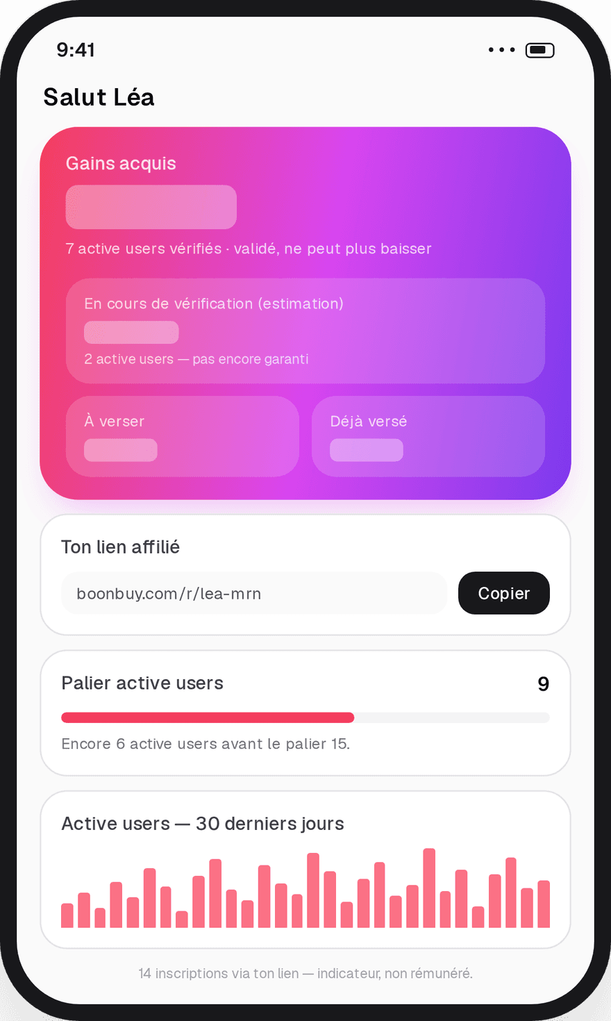 Aperçu de l'espace créatrice sur téléphone : compteur de gains en trois états, lien affilié, palier d'active users et graphique des trente derniers jours.