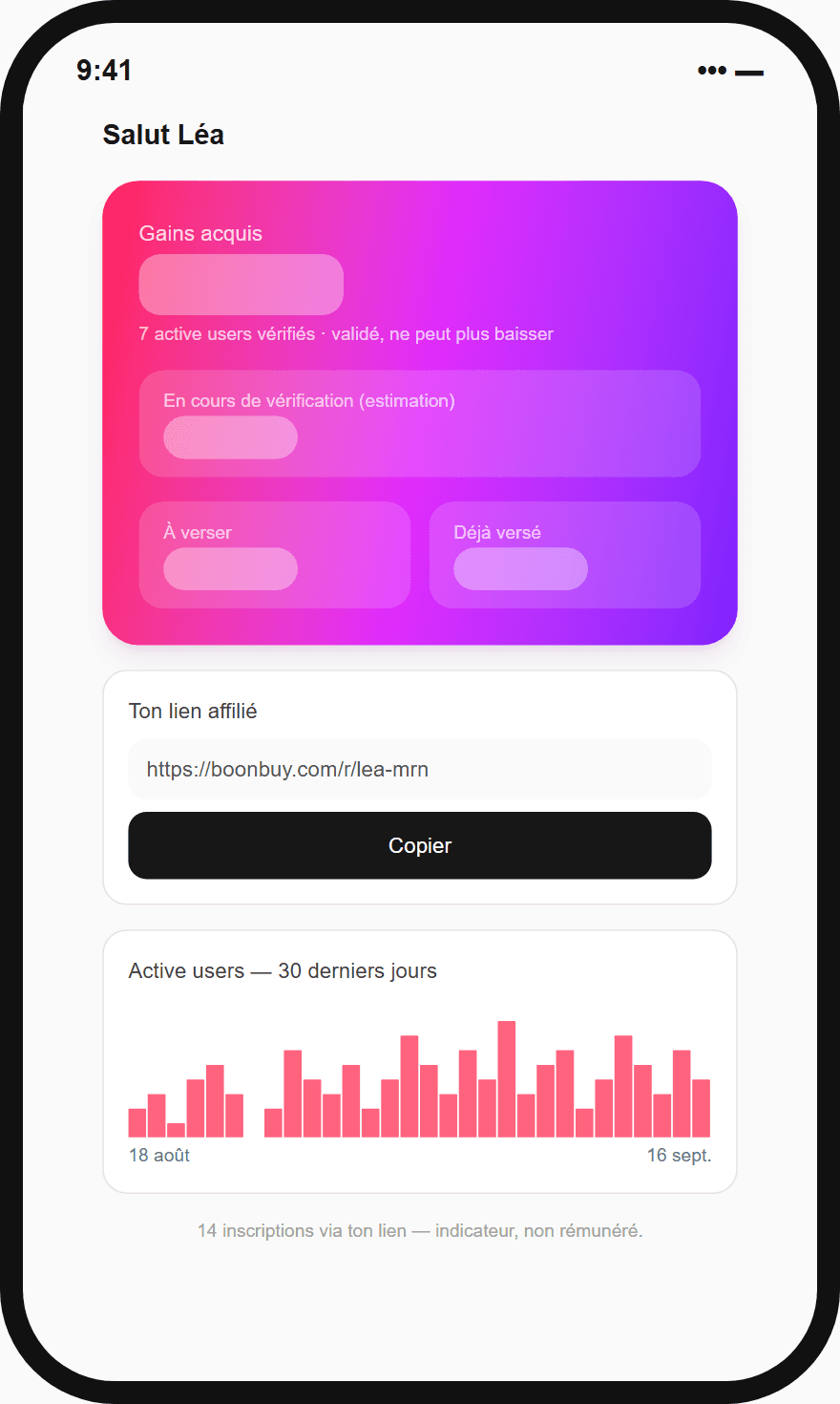 Aperçu de l'espace créatrice sur téléphone : compteur de gains en trois états, lien affilié et graphique des trente derniers jours.